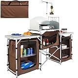 VEVOR Camping Kitchen Table, Folding Outdoor Cooking Table with Storage Carrying Bag, Aluminum Cook Station 3 Cupboard & Detachable Windscreen, Quick Set-up for Picnics, BBQ, RV Traveling, Brown