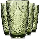 Green Drinking Glasses Set Of 4-12 Oz Hand Blown Vintage Drinking Glasses, Boho Aesthetic Antique Glassware, Colored Cute Glass Cups, Textured Highball Water Tumbler, Unique Retro Drinkware Gift
