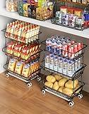 OKZEST 3-Tier Rolling Pantry Floor Organizer and Storage Cart with Wheels, Stackable Wire Pantry Baskets for Pantry Shelves, Kitchen Fruit Basket Stand and Storage Rack for Fruit Snack Onion Potato