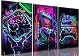 BGFCE Game Room Decor Posters Set of 3 - Neon Gaming Accessories Theme Canvas Wall Art, Gamer Console Paintings Picture Wall Decor for Children Youth Boys Bedroom 12x16 inch Unframed