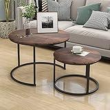 HOJINLINERO Industrial Round Coffee Table Set of 2 End Table for Living Room,Stacking Side Tables, Sturdy and Easy Assembly,Wood Look Accent Furniture with Metal Frame,Black+Rustic Brown