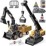 Geyiie Construction Crane Toys Trucks, Excavator Toys for Kids 3-5, Bulldozer Toys for Boys Girls, Outdoor Play