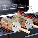 Rolling Grill Baskets(2PCS, Hexagon), Removable Wooden Handle, 304 Stainless Steel, Nesting Grilling Net, BBQ Accessories Tools for Vegetables Shrimp, Outdoor Cooking Camping, Birthday Gifts for Men Dad Husband