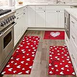 WOBUBU Kitchen Rugs Sets of 3 Non Slip Washable Kitchen Runner Rug Set for Christmas Valentine's Day Home Kitchen Decoration Mats Set Red Heart