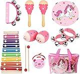 Kids Musical Instruments Sets, 12pcs Wooden Percussion Instruments Toys Tambourine Xylophone for Kids Playing Preschool Education, Early Learning Musical Toys for Boys Girls Gift (Pink)
