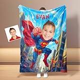 USA Made Custom Kids Superhero Boy Fly Blanket – Personalized Face with Name, Soft Fleece Blanket for Boys, Unique Gift for Children, Customized Design Minky 50x60