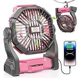 DOWILLDO Camping Fan with LED Lantern, 15000mAh Portable Rechargeable Battery Powered Table Fan with Hook, Camping Gear for Picnic, Fishing, Car or Hurricane Power Outages (Pink)