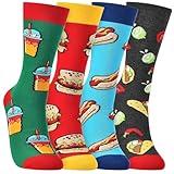 HSELL Mens Funny Dress Socks with Novelty Food Pattern Crazy Fun Design Breathable Cotton Sock Gift for Men (4 Pairs - Tacos/Hotdog/Burger/Beverages)