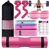SINYWAY Barbell Pad Set, 10 Pcs Barbell Squat Pad for Hip Thrusts, Lunges, Leg Day with 2 Gym Ankle Straps, 3 Hip Resistance Bands, 2 Lifting Strap, Barbell Pad and Carry Bag
