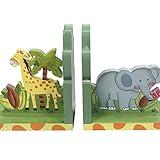 Fantasy Fields - Sunny Safari Animals Thematic Set of 2 Sturdy Wooden Bookends for Kids - Non-Toxic, Water-Based Paint, Giraffe and Elephant, Blue