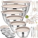 Mixing Bowls with Airtight Lids Set, 26PCS Stainless Steel Khaki Bowls with Grater Attachments, Non-Slip Bottoms & Kitchen Gadgets Set, Size 7, 4, 2.5, 2.0,1.5, 1QT, Great for Mixing & Serving