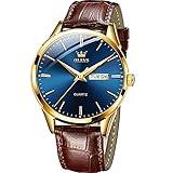 OLEVS Blue Men Leather Watch,Mens Watch Brown Leather,Mens Watch with Date and Day,Mens Watches Classic,Leather Band Watches for Men Casual Waterproof Watch Man Dress