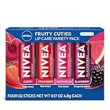 NIVEA Lip Care, Fruity Tinted Lip Balm Variety Pack, Skin Care Gifts for Mom, Cherry, Strawberry, Blackberry and Watermelon Flavors, 3-in-1 Moisture, Repair and Color, 0.17 Oz Stick, Pack of 4