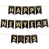 Happy New Year Banner 2025, DIY Black & Gold Glitter New Years Decorations 2025 | Happy New Year Eve Party Supplies Bunting Banner | Happy New Years NYE Decorations Sign for Home, Garden, Party Favors