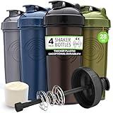 GOMOYO [4-Pack] 28 oz Protein Shaker Bottles | Bulk Shaker Cups for Protein Shakes | Large Blender Shaker Bottle Set | Dishwasher Safe with 4x Action-Rod Wire Mixers | Sports Nutrition Shaker Bottles