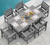 SERWALL Outdoor HDPE Dining Table Set, 7-Piece Outdoor Dining Table Sets with Umbrella Hole Cut-Out Table and 6 Chairs, Gray