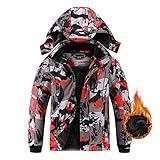 AFILOK Boy's Ski Jacket Waterproof Breathable Kids Fleece Lined Windproof Hooded Snowboard Coats(red camouflage 14-16)