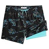 maamgic Mens Swim Trunks with Compression Liner 5" Stretch Athletic Swimming Shorts Quick Dry with Zipper Pockets No-Chafing Board Shorts Black-Colorful Dinosaur M