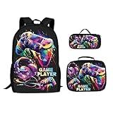 Ialtsidws 3Pcs Boys Gamer Backpack for School 17 Inch Gamer Bookbag with Lunch Box and Pencil Case, Reusable School Backpacks Set for Kids Children Teens Elementary