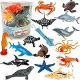 Liberty Imports Bucket of Ocean Sea Animals Toys - 16 PCS Large Underwater Deep Sea Creaures, Realistic Soft Plastic Marine Educational Toy Figures Playset for Toddlers, Kids