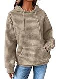 SHEWIN Womens Fall Fashion 2024 Casual Long Sleeve Drawstring Solid Waffle Hoodies Pullover Sweatshirts Loose Fit Fall Sweatshirt for Women,US 12-14(L),Khaki