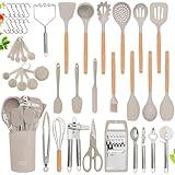 Home Hero 44 Pcs Silicone Kitchen Utensils Set, Non-Stick Silicone Cooking Utensils Set with Spatula, Wooden Handle Spatula, Silicone Kitchen Gadgets Utensil Set (44 Pcs - Stone)