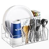Utensil Silverware Caddy for Party Acrylic Paper Plate Dispenser Holders Organizer Lazy Susan Buffet Caddy for Plastic Plates Napkins Cup Flatware Cutlery, Hosting Entertaining Essentials for Picnic