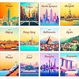 12 Pcs Far East Asia Cities Posters for Room Aesthetic, Vintage Travel Landscape Gifts Collage for Home Man Cave Bedroom Dorm Wall Decor, Unframed Wall Art Print Poster Set of 12 (8” x 10”)