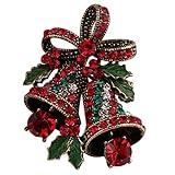 FERVENT LOVE Vintage Christmas Bowknot Double Bells Brooch with Green Leaves and Colorful Rhinestones for Women