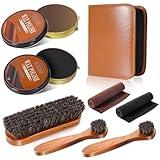 Fathers Day Gifts 8pcs Shoe Polish Kit Including 3 Pieces Horse Hair Shoe Brushes with 6.7IN Handle, 1.4oz Black & Brown Shoe Shine, 2 Polish Cloths, Leather Shoes and Boots Care Kit with Storage Case