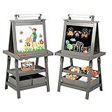 Kinder King 3 in 1 Kids Art Easel w/Storage, Double-Sided Magnetic Whiteboard & Chalkboard, Dry-Erase Board w/Paper Roller, Toddler Children Standing Easel for Painting & Drawing, Accessories(Grey)