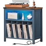 Joaxswe Large Record Player Table with Charging Station & LED Lights, Blue Vinyl Record Storage Cabinet Holds up to 230 Albums, Turntable Stand with Display Shelf for Music Room Bedroom Living Room