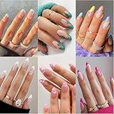 6 Packs (144 Pcs) Press on Nails Medium Design, Misssix Short Fake Nails Almond French Glue on Nails Set with Adhesive Tabs Nail File Acrylic False Nail Kits for Women