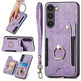 JanCalm for Samsung S23 Case Card Holder Wallet, Ring Stand, RFID Blocking, Wrist Strap, Camera Protector, Leather Magnetic Clasp Protective Cover for Galaxy S23 (Purple)