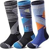 DOSKONI Kids Merino Wool Ski Socks Boys Girls Thermal Winter Warm Thick Cozy Socks for Skiing Snowboarding 3 Pairs Splicing Blue Black Grey,8-12 Year Old