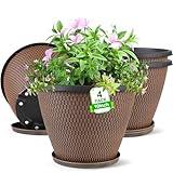4 Pack 10 inch Plant Pot for Outdoor Indoor, Plastic Flower Pots with Drainage Holes & Saucers, Lightweight Large Outdoor Planter Pot, Imitation Knit Pots for Garden House Planters (Black Copper)