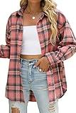 CHYRII Womens Button Down Flannel Shirts Long Sleeve Plaid Shacket Business Casual Blouse Topss Pink -7122 M