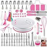 Cake Decorating Kit,137pcs Cake Decorating Supplies with Cake Turntable for Decorating,Pastry Piping Bag,Russian Piping Tips Baking Tools, Cake Baking Supplies for Beginners(Pink)