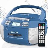 Greadio Boombox CD Player Cassette Player Combo, Boom Box Portable CD Players for Home with Bluetooth, Support AM FM Radio/Remote Control/AUX/USB/Earphone, AC/Battery Operated, LCD Display (Blue)