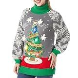 JOYIN Women Light Up Pullover Ugly Long Sweater Dress with Funny 3D Christmas Tree and Novelty Light Bulbs, Gray Long Sleeve Xmas Knitted Pattern Sweater-L