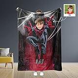 USA Made Custom Superhero Boy Blanket for Kids – Personalized Spider Theme with Photo Face, Soft Fleece Blanket, for Boys 04 Minky 50x60