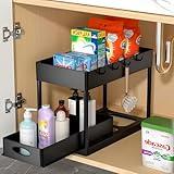 PUILUO Under Sliding Cabinet Basket Organizer, 2 Tier Under Sink Organizers Black Under Sink Storage for Bathroom Kitchen