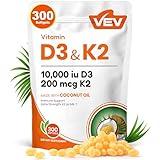 VEV Vitamin D3 Con K2 10000 IU, 300 Virgin Coconut Oil Softgels, 2 in 1 Vitamins Supplement D & K (Include MK7), Easy to Swallow, Supports Calcium Absorption, Bone Health(Packaging May Vary)