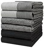 Premium Kitchen Towels (20”x 28”, 6 Pack) | Large Cotton Dish Towels | Flat & Terry Highly Absorbent Kitchen Linen Set with Hanging Loop | Black