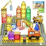 102 PCS Magnetic Tiles with 2 Cars & 2 Cranes Magnet Construction Building Kids Toys for Creative Play and STEM Learning Boys Toys & Gifts for 3-12