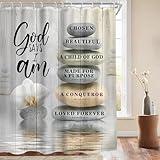 AMBZEK Bible Verse Scripture Shower Curtain 60Wx72L Inch Yellow Christian Zen Stone Spa Meditation Relaxing Asian Lotus Artwork Cloth Fabric Waterproof Polyester Bathroom Decor Set with 12 Pack Hooks