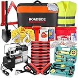 Car Emergency Kit with Air Compressor,Roadside Emergency Car Kit for Vehicles Auto Truck with Jumper Cables,Winter Car Safety Kit with Folding Shovel Car Repair Tool Set First Aid Kit Blanket Tow Rope