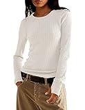 morhuduck Women's Waffle Knit Tops Long Sleeve Shirts Casual Slim Fitted Crew Neck Pullover Shirts,White M