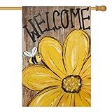 AVOIN colorlife Bee Sunflower Spring Summer House Flag 28x40 Inch Double Sided Outside, Welcome Wood Grain Yard Outdoor Flag