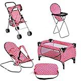 fash n kolor 4 Piece Doll Play Set, includes - 1 Pack N Play. 2 Doll Stroller 3.Doll High Chair. 4.Infant Seat, Fits Up to 18'' Doll (4 Piece Set)